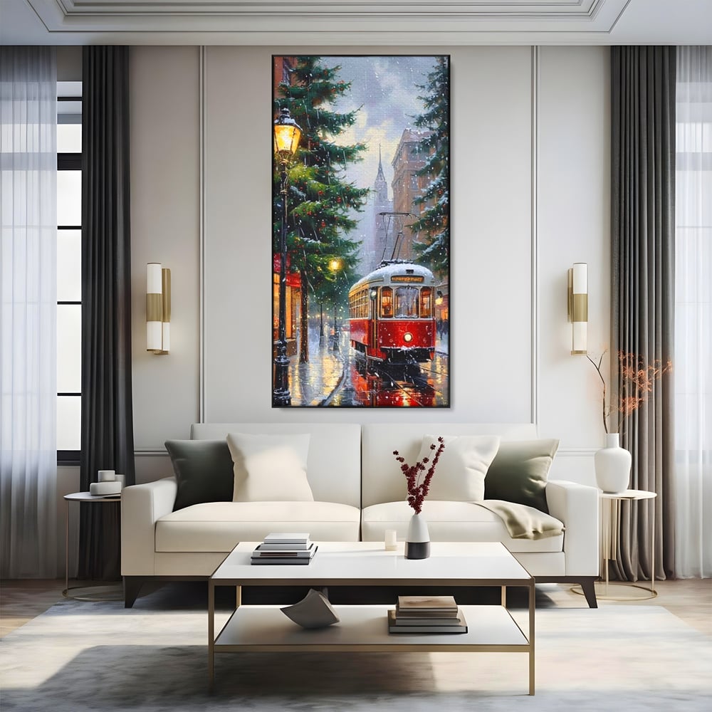 Tablou canvas cu pictura cu tramvai rosu in ninsoare, in rama de aluminiu negru, pe perete intr-un living